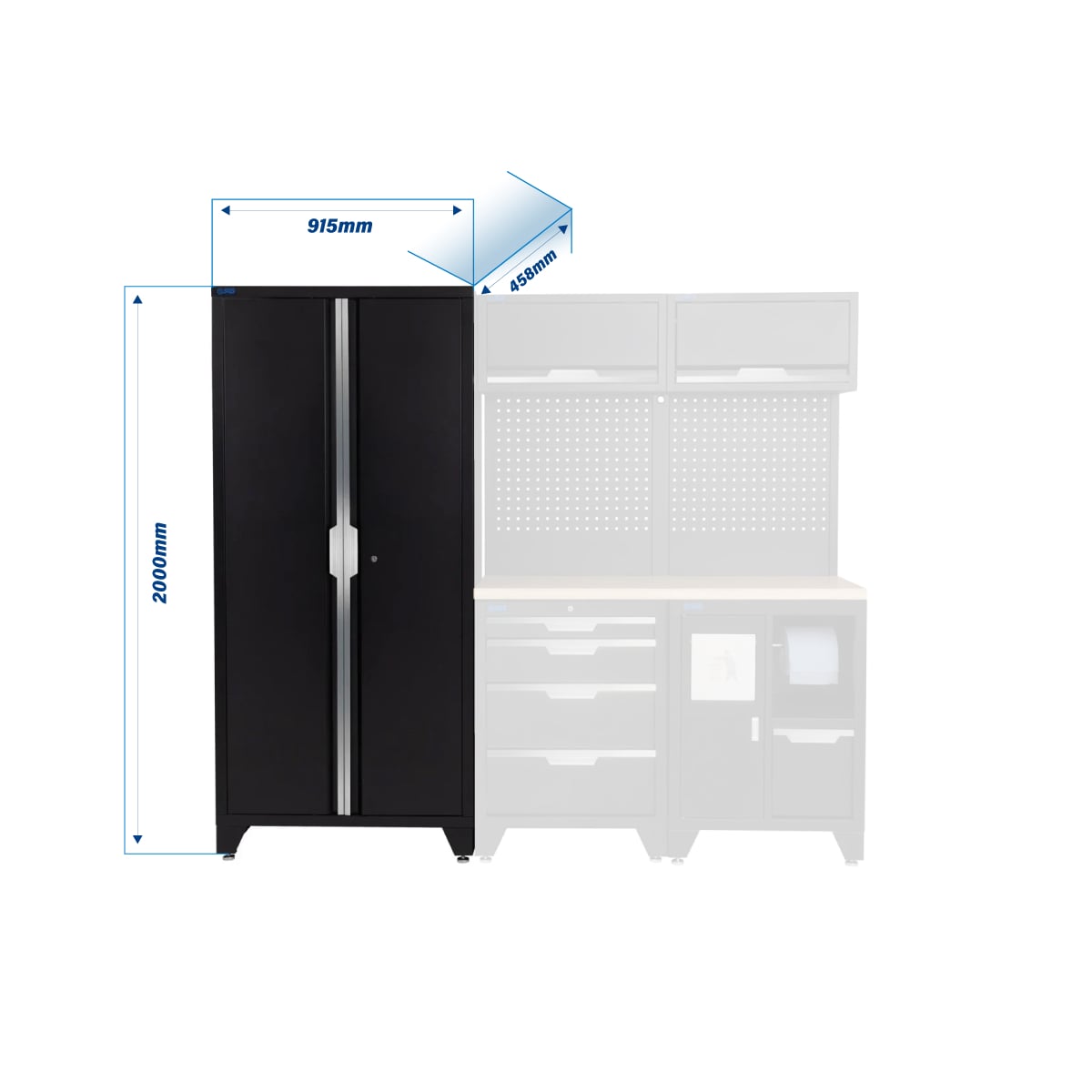 SGS 7pc Garage Storage System | 4 Drawers | Pressed Wood Worktop | Bin Unit | 2x Upper Cabinets | Tall Double Cabinet